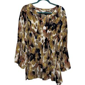 Spense Womens Chiffon Tunic Size 3X Earthy Floral Flowy Mature Bohemian Neutral